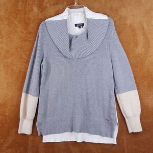 DKNY Womens Sweater Medium Gray Pullover Colorblock Cowl Neck Chunky Side Slits
